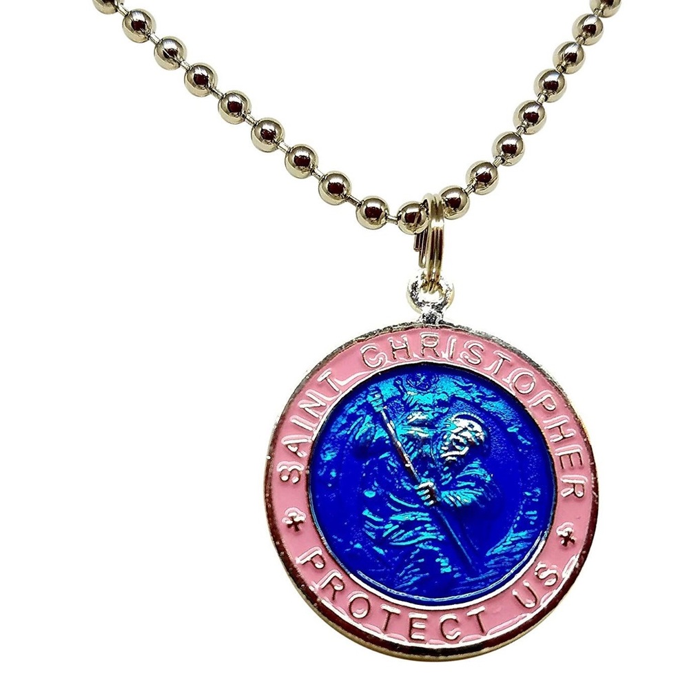 Pink and Turquoise St. Christopher of Travel Necklace